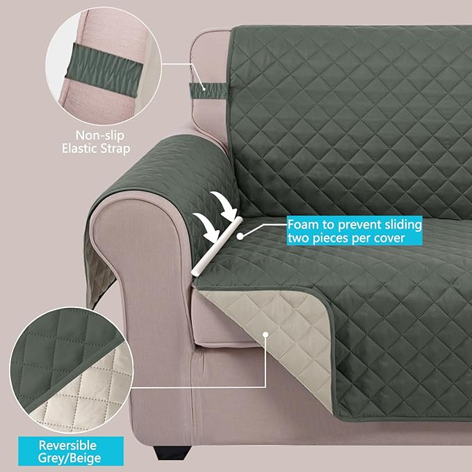 U-NICE HOME Reversible Sofa Cover Couch Cover for Dogs with Elastic Straps Water Resistant Furniture Protector for Pets Couch Cover for 3 Cushion Couch (Sofa, Grey/Beige)