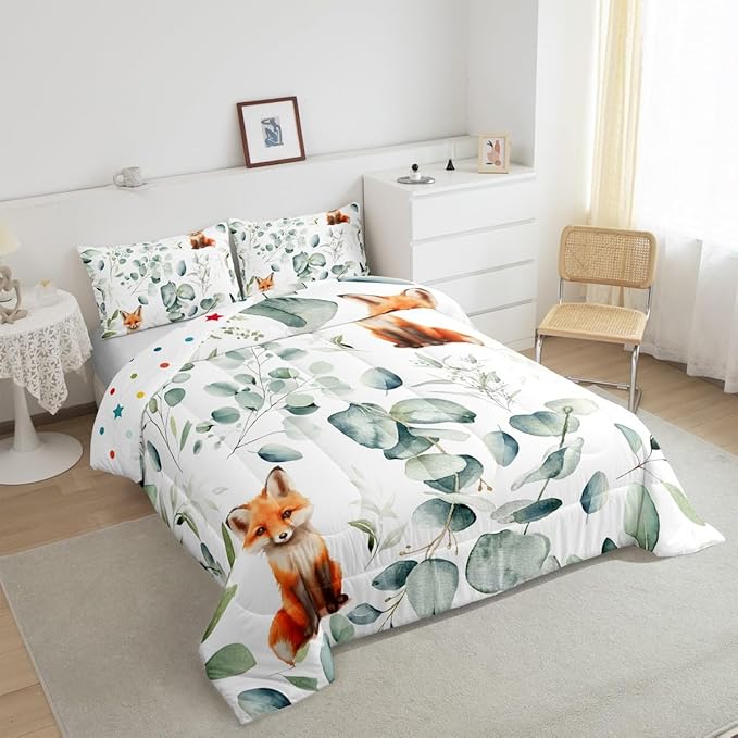 Erosebridal Girls Cartoon Animal Twin Comforter Set for Kids Toddler Kawaii Fox Bedding Set Twin, Woodland Wildlife Bedding Comforter Sets Jungle Wild Fox Duvet Set, Green Eucalyptus Quilted Comforter