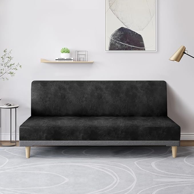 molasofa Leather Like Stretch Futon Slipcover Armless Futon Bed Sofa Cover Furniture Protector with Elastic Bottom, Soft and Washable Futon Cover for Sofa Bed Stay in Place（Medium，Dark Grey）