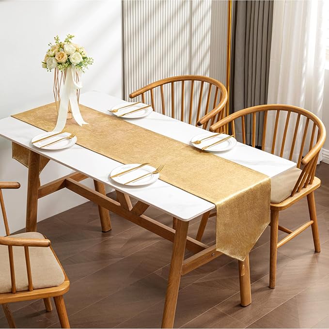 BALCONY & FALCON Gold Table Runner Lustrous Linen 14"x118" Water Resistant Washable Vintage Rustic Tassels Runner for Table, Dining, Party, Wedding, Birthday, Easter, Thanksgiving, Christmas Décor