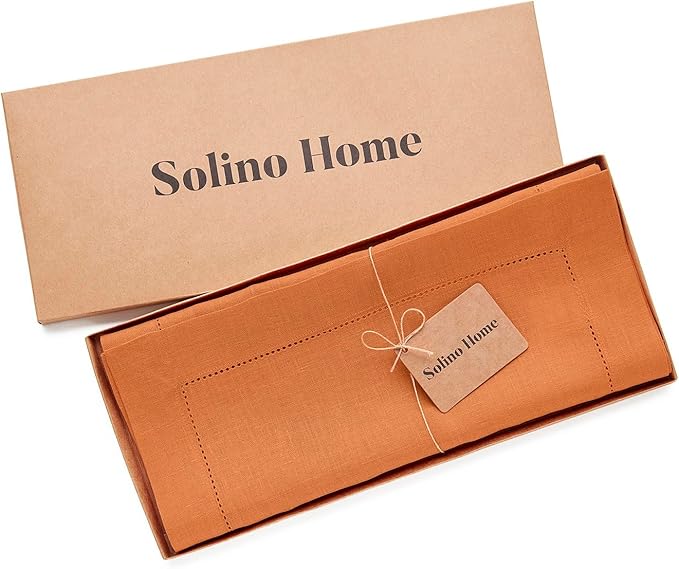 Solino Home Linen Pumpkin Hemstitch Table Runner 48 Inches - 100% Pure Linen Small Table Runner 14 x 48 Inch Ideal for Dresser and Coffee Tables - Classic Hemstitch - Holiday