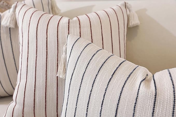 Boho Throw Pillow Covers 18x18 Inch Set of 2, Burgundy Textured Linen Striped Square Pillow Covers with Tassels, Soft & Cozy Farmhouse Décor Pillow Cases for Sofa Couch Bed Living Room Christmas