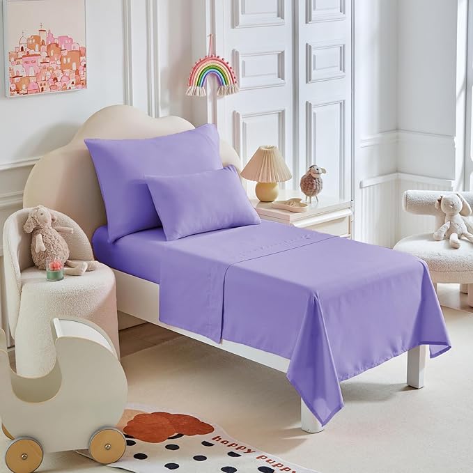 Toddler Bedding Set - 5 Piece Soft and Breathable Toddler Bed Set for Boys and Girls, Includes Quilted Comforter, Fitted Sheet, Flat Top Sheet, Standard Pillowcase and Toddler Pillowcase, Purple