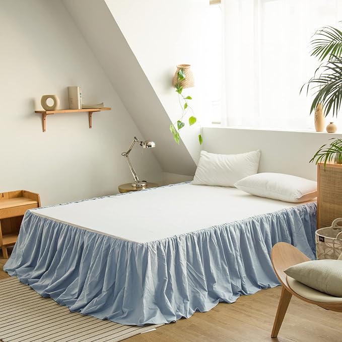 BISELINA French Linen Bed Skirt with Pleated Frills 14-Inch Tailored Drop Natural Flax Cotton Blend Dust Ruffle Soft Cozy Farmhouse Bedding (14" Twin, Dusty Blue)