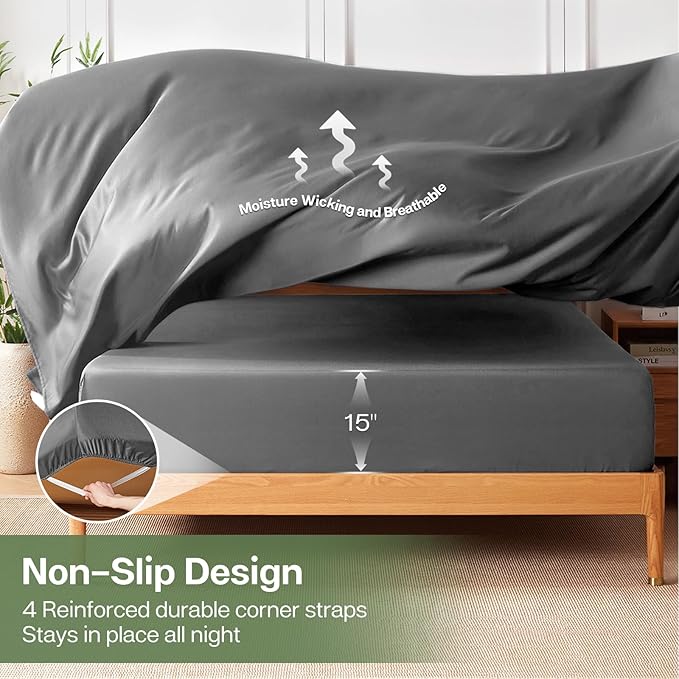 MR&HM Full Fitted Sheet Only, Ultra-Soft Rayon Derived from Bamboo & Polyester Blend, Silky & Breathable, 15" Deep Pocket with Elastic Straps, Cooling Fitted Sheet for Hot Sleepers, Grey