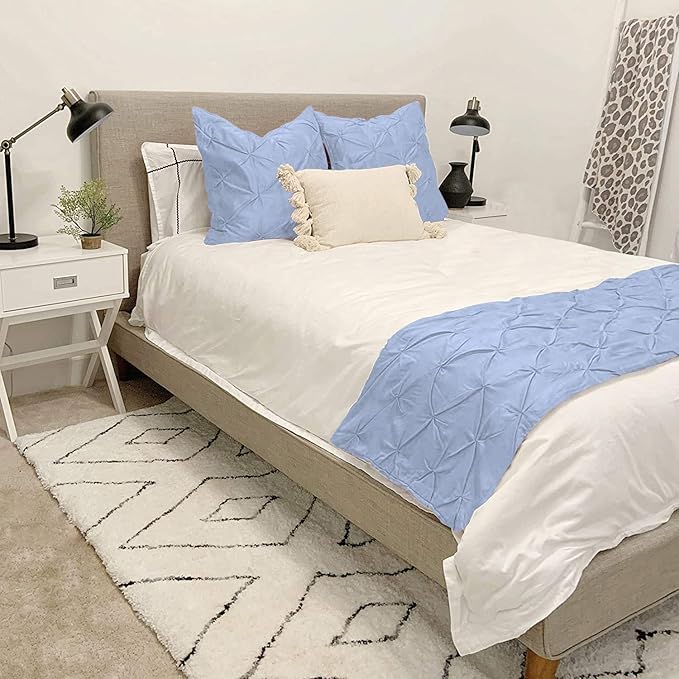 Bed Runner Set - 100% Pure Cotton 800 Thread Count - Luxury 1 Pinch Pleated Bed Runner and 2 Pillow Cover - 3 Piece Pinch Pleated Bed Runner Set King, Light Blue