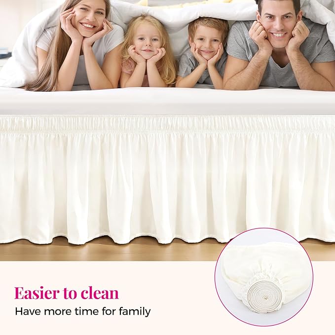 RIMELA Cream White Bed Skirt Queen Size 18 Inch Drop, Wrap Around Elastic Bedskirt, Dust Ruffle for Adjustable Bed Base Machine Washable Easy to Install Bed Skirts