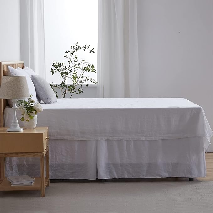 Simple&Opulence Belgian Linen Bed Skirt with Classic 22 inch Tailored Drop Dust Ruffle, Easy Fit Breathable Premium Natural Flax - Basic White, King