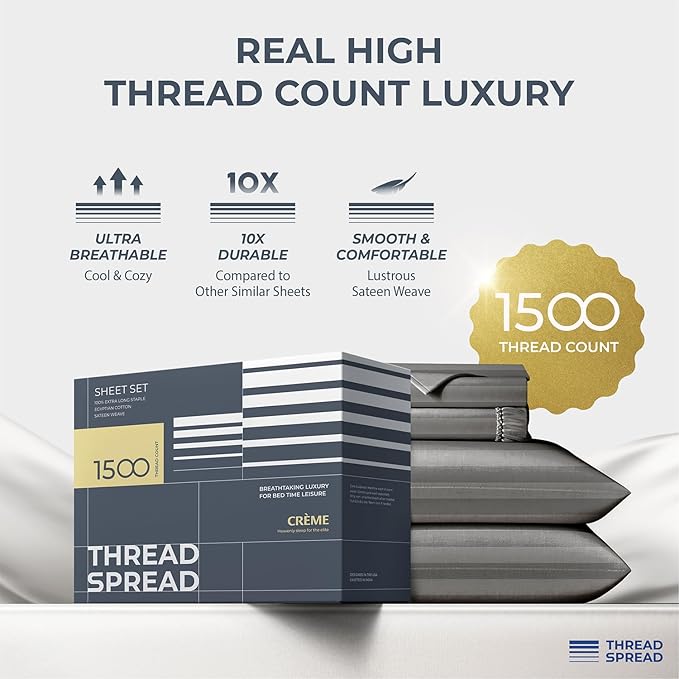 THREAD SPREAD Egyptian Cotton Sheets King Size - 1500 Thread Count 4 PC Damask Sheet Set Egyptian Cotton, Luxury Sheet King Size, Soft, Cooling Deep Pocket Sheets, Fits Upto 19" - Dark Grey Stripe