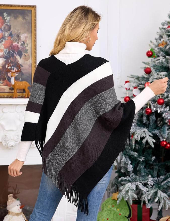Ferand Women's Striped Poncho Sweater Cozy Knit Fringe Shawl Wraps for Fall Winter