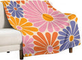 1970s Hippie Floral Throw Blanket, Retro Orange Pink Blue Flower Boho Groovy Daisy Flowers Comfortable Blanket for Couch Sofa Couch Chair 60"x80"