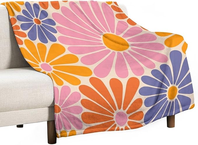 1970s Hippie Floral Throw Blanket, Retro Orange Pink Blue Flower Boho Groovy Daisy Flowers Comfortable Blanket for Couch Sofa Couch Chair 60"x80"