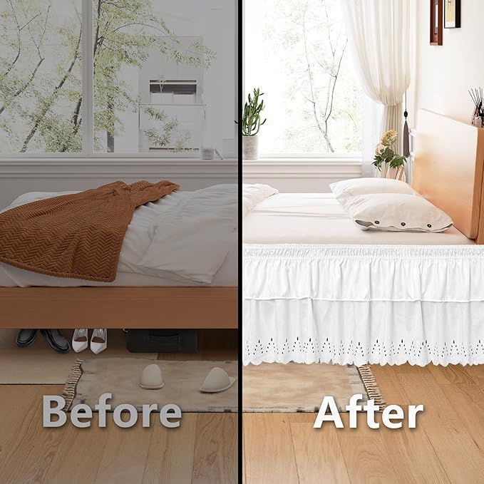 Twin Bed Skirt, Double-Layered Ruffled Eyelet Bed Skirt, Wrap-Around Elastic Dust Ruffle Twin Size with Gathered Styling and Embroidered Details, 14" Drop Length (White)