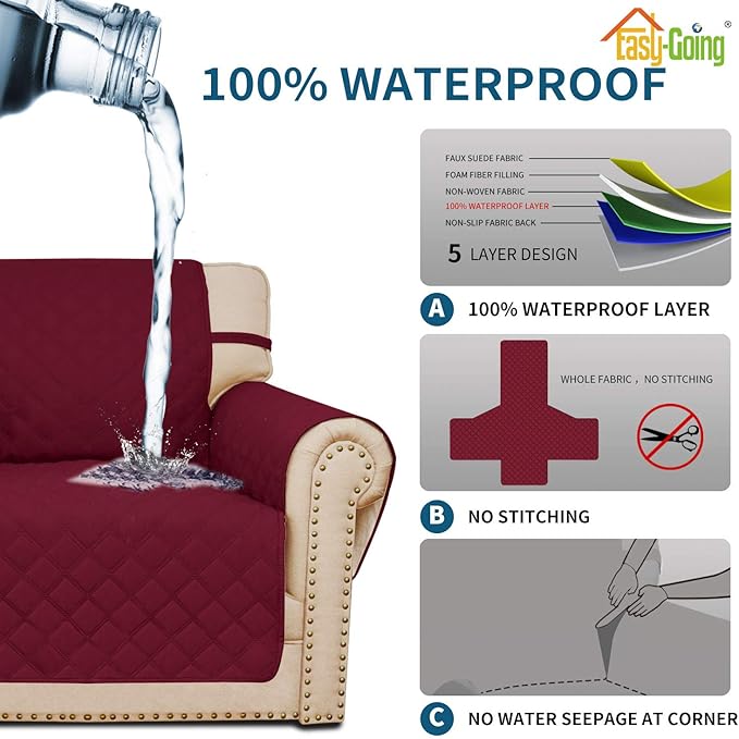 Easy-Going Sofa Slipcover Waterproof Couch Cover for 3 Cushion Couch Sofa Cover Furniture Protector Cover Pets Covers Washable Non-Slip Fabric Pets Kids Children Dog Cat (Sofa, Wine)