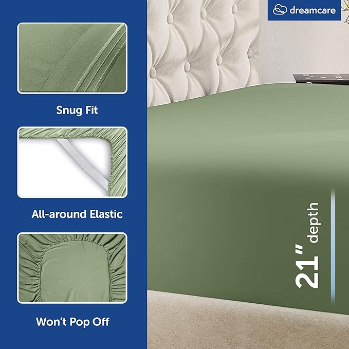 DREAMCARE King Size Sheets Set – 4 pcs Cooling Sheets – up to 21” Deep Pocket King Sheet Set – Hotel Luxury Sheets & Pillowcases – Superior Softness 100% Microfiber with Side Pocket - Sage Green
