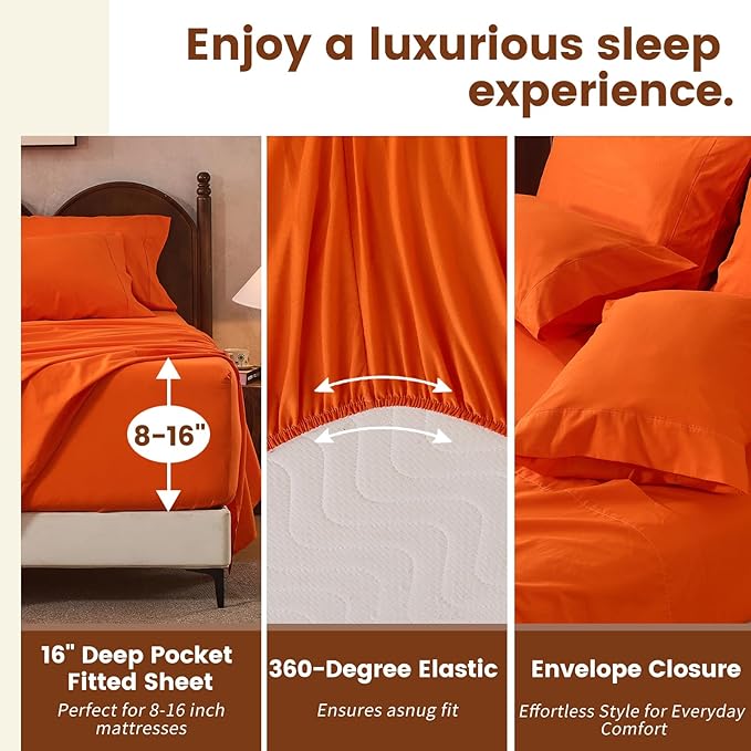 100% Linen Sheets King Size,Breathable & Durable 4-Piece Bed Flax Sheet Set,Soft All-Season Bedding for Hot Sleepers 16" Deep Pocket Oeko-TEX Certified,（King, Orange）
