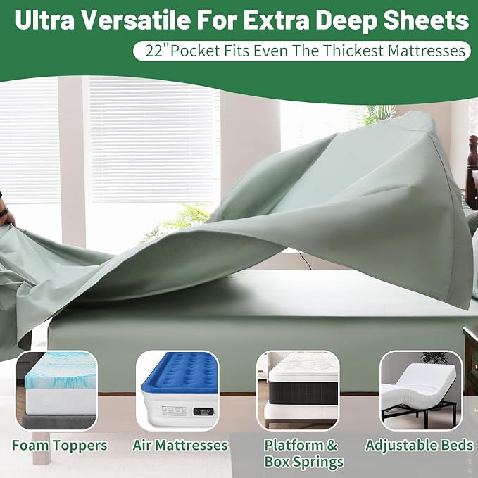 Extra Deep Pocket King Sheets 18-24 Inch 100% Egyptian Cotton 1000 Thread Count Sateen Weave Soft Breathable 4 Pieces（King，Sage Green）