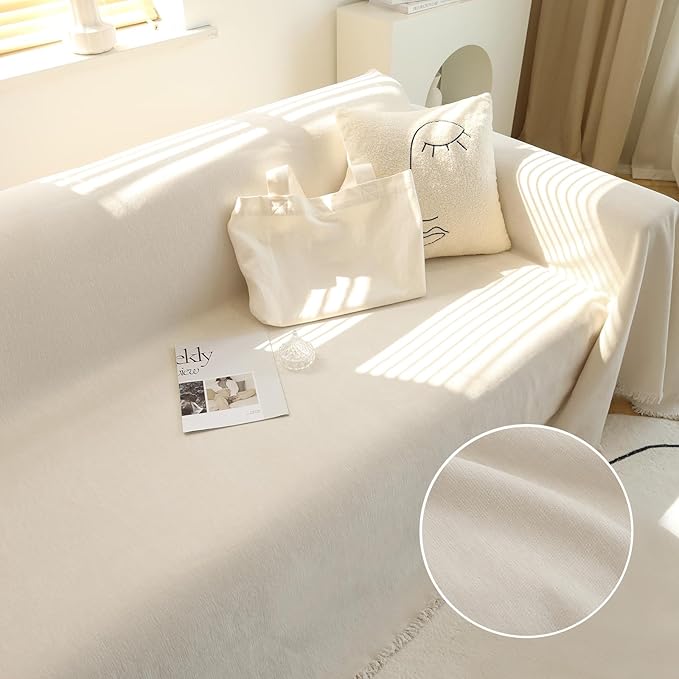 MEETSKY Couch Cover for Dogs, Washable Couch Covers for 3 Cushion Couch Sofa, Oversized Couch Protector for Sectional L Shape, Chenille Beige Sofa Slipcover with Tassel, 71"x 150"