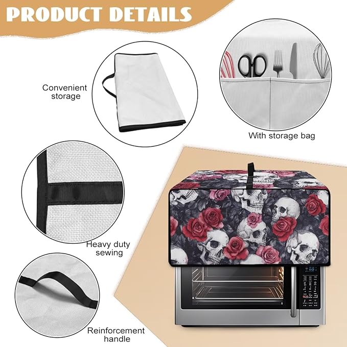 Skull Red Rose Print Microwave Oven Dust Cover Toaster Oven Cover with Top Handle Dust-Proof Kitchen Appliance Protector Dirt and Fingerprint Protection, M
