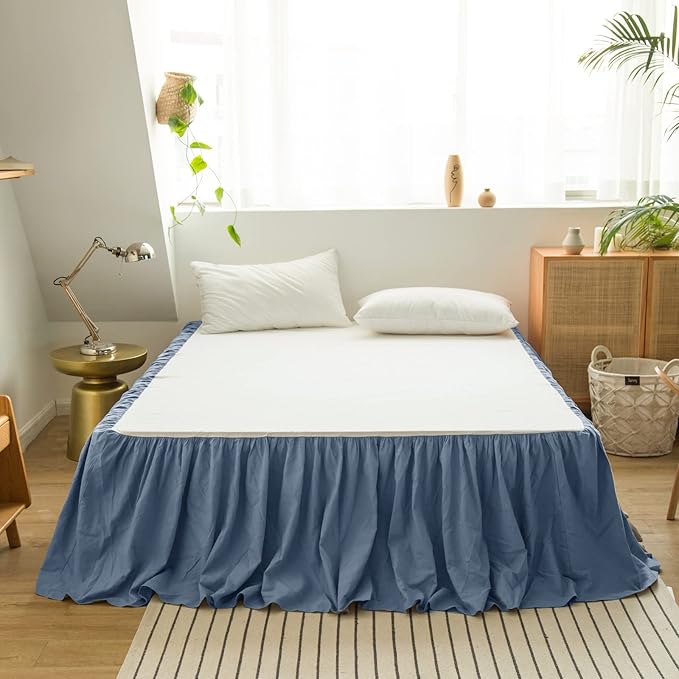BISELINA French Linen Bed Skirt with Pleated Frills 14-Inch Tailored Drop Natural Flax Cotton Blend Dust Ruffle Soft Cozy Farmhouse Bedding (14" Full, Navy Blue)