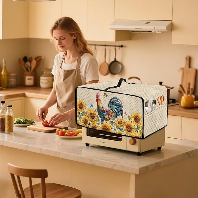 Microwave Oven Dust Cover Waterproof Dustproof Microwave Toaster Oven Cover Fabric Kitchen Machine Covers for Toaster Oven Air Fryer, Rooster Chicken Sunflower Butterfly Polka Dot Print, L