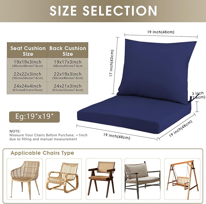 Outdoor Seat Cushion Set 24 x 24 In, Water-Resistant & Fade-Resistan, Patio Furniture Cushions with Removable Cover Deep Seat & Back Cushion with Handle and Adjustable Straps for Chair Sofa,2PC