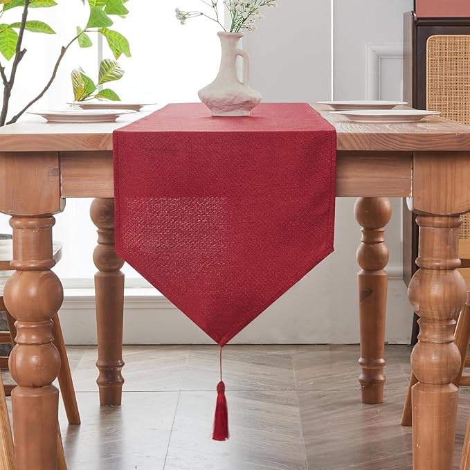 BALCONY & FALCON Table Runner with Tassels Rustic Farmhouse Jacquard Linen Style Water Resistant Washable Runner for Dining Kitchen Party Christmas Everyday Use 14 x 118 inch, Red