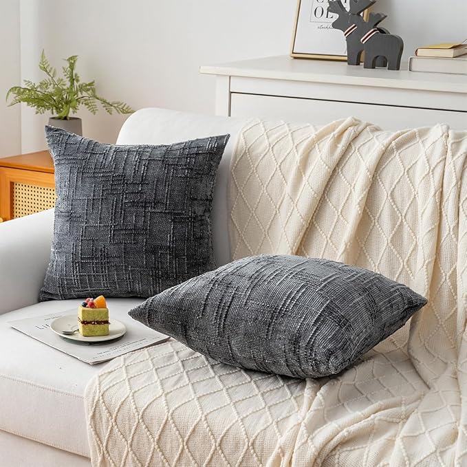 Decorative Throw Pillow Covers 20x20 Inch Set of 4, Soft Solid Farmhouse Chenille Couch Pillows, Spring Pillow Covers for Couch Sofa Bed Living Room Home Decor Pillowcase, Dark Gray