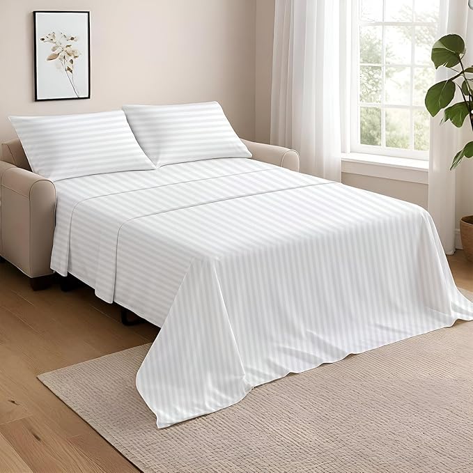 NON Sticky cotton Queen Size Sleeper Sofa Sheets, 4 Piece Egyptian Cotton Bed Sheet Set for Sofa Bed, 7" Deep Pocket for Pull Out Couch Mattress, 60" x 75", White Stripe, Soft & Breathable