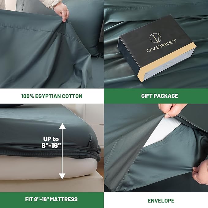 1000 Thread Count Egyptian Cotton Sheets Queen Size Set 4PCS Sateen Weave Soft Breathable 16-Inch Deep Pocket（Queen,Lake Blue）