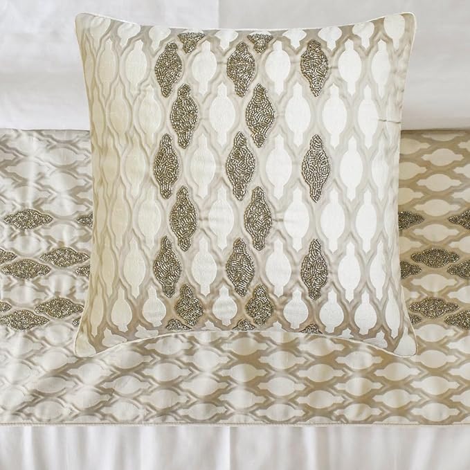 The HomeCentric King/Queen/Twin Ivory Decorative Queen 74"x18" Bed Runner with Two Pillow Cover, Bead Hand Embroidery Bed Scarf on Jacquard Fabric - Priscilla Dazzle