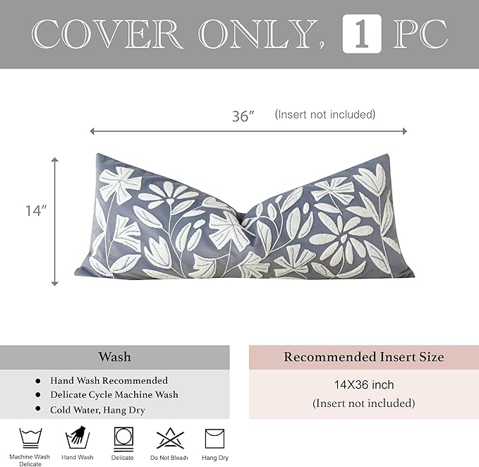 BlissBlush Blue Velvet Decorative Lumbar Pillow Cover 14x36, Soft Long Body Pillow for Bed, Accent Lumbar Throw Pillow for Bedroom, Modern Farmhouse Textured Pillowcase