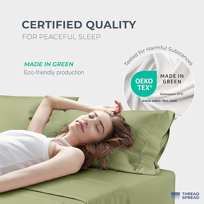 THREAD SPREAD 100% Egyptian Cotton Sheets California King Size Bed Set - 4 PC 1500 Luxury High Thread Count Sage Green Cal King Bed Sheets, Silky Soft, Cooling, Sateen, 17" Deep Pocket Bedsheet Set