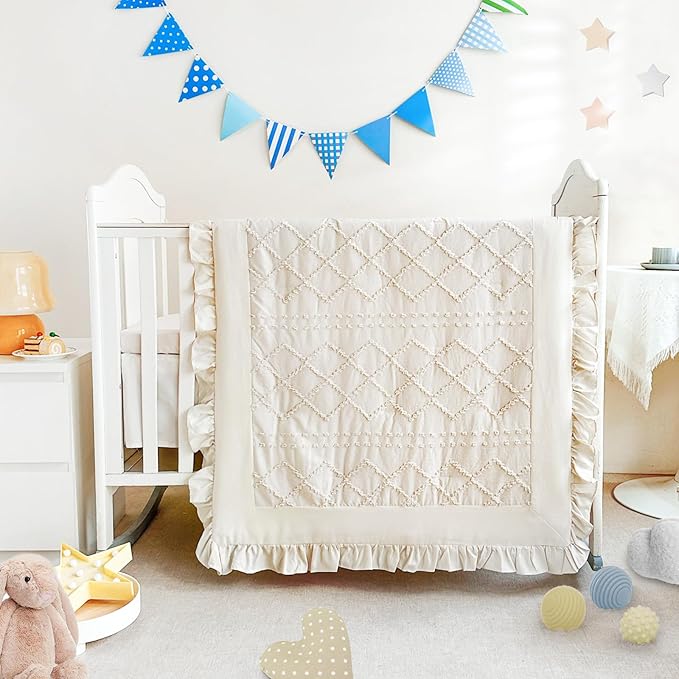 Wowelife Crib Bedding Set for Girls, 3 Pieces Baby Crib Bedding Set Newborn, Mini Tufted Jacquard Ruffle Fringe Boho, Infant & Nursery with Comforter, Crib Fitted Sheet and Crib Skirt, Beige