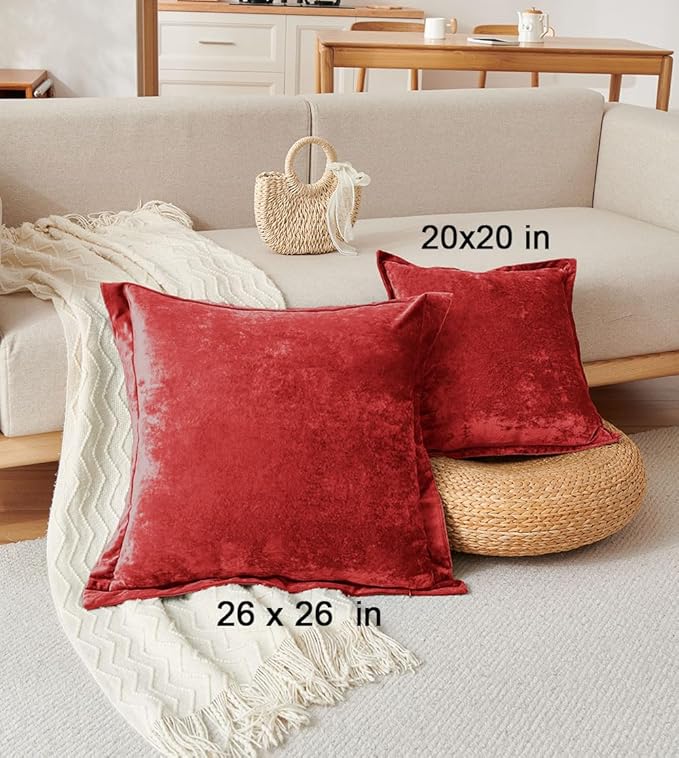 Luxurious Velvet Throw Pillow Covers 20x20 Set of 2 Decorative Pillow Covers Solid Square Cushion Case for Sofa Couch Bedroom Farmhouse, Red