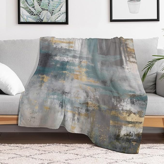 Fashion Gradient Blanket, Modern Art Baroque Gold Grey Green Painting Strokes Pattern Soft Warm Cozy Plush Flannel Covers for Livingroom Bedroom Couch Chair Camping Travel Home Decor Tapestry 40x50in