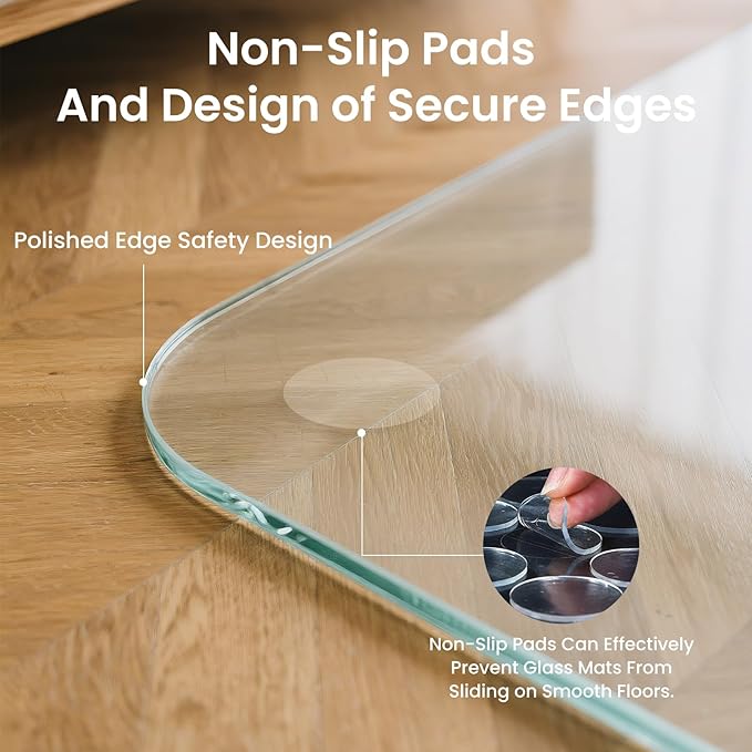 Tempered Glass Chair Mat, 55" x 46" Glass Office Chair Mat, 1/5" Thick Clear Floor Mat with Anti-Slip Pads, Heavy Duty Glass Mat for Carpeted and Hard Floor