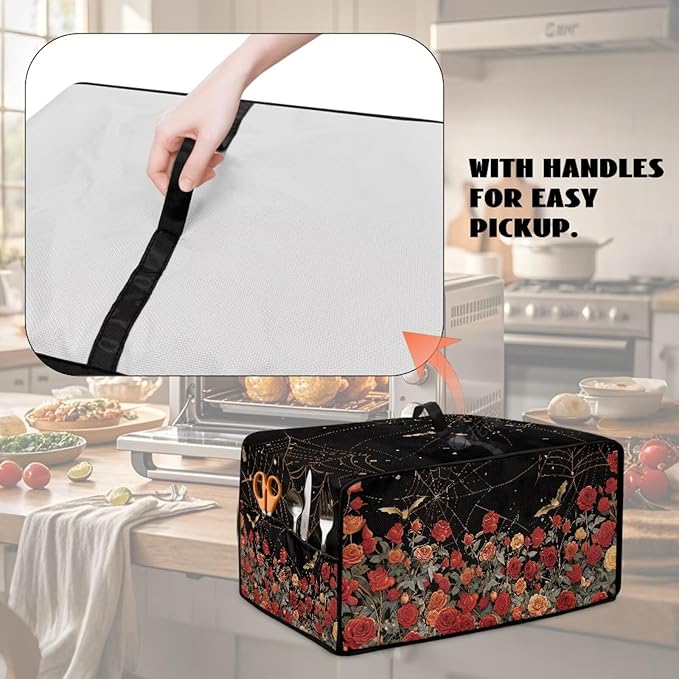 Red Rose Bat Cobweb Print Microwave Oven Dust Cover Polyester-Linen Fabric Dust Cover for Microwave Oven Universal Dust-Proof Kitchen Appliance Protector Fits Most Microwaves, S