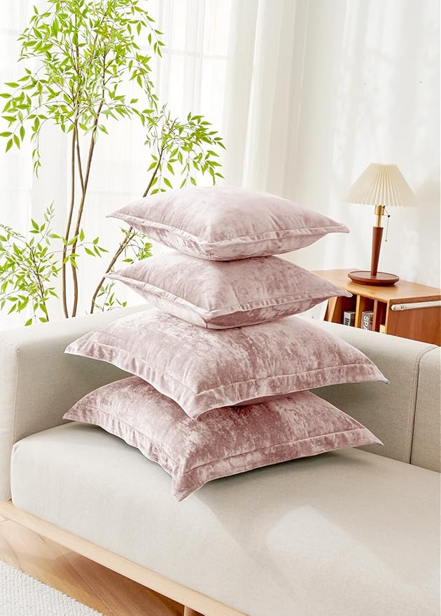 Luxurious Velvet Euro Shams Decorative Throw Pillow Covers 26x26 Set of 2 Solid Square Euro Pillow Shams for Sofa Couch Bedroom, Pink