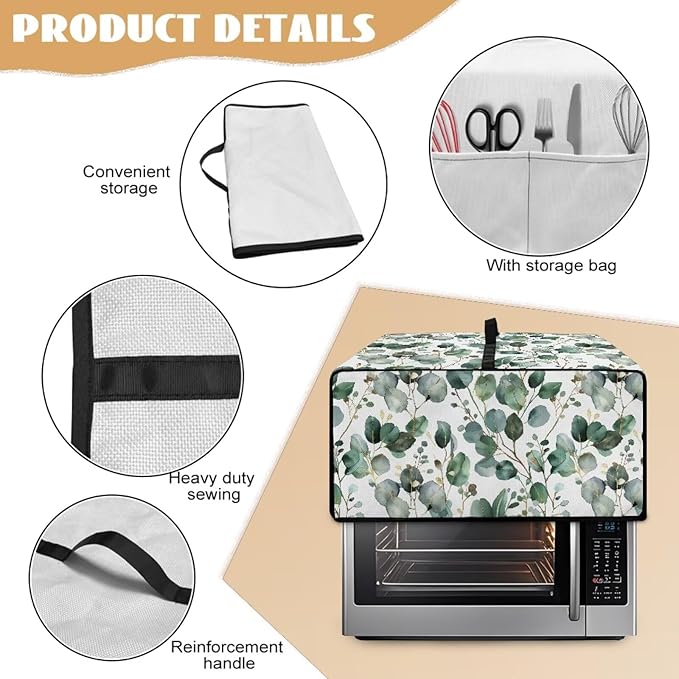 Toaster Oven Cover with Side Pockets, Dustproof Smart Microwave Convection Oven Cover with Handle, for Kitchen Decor, S, 14.5 x 18.5 x 9 Inches, Eucalyptus Leaves Green White