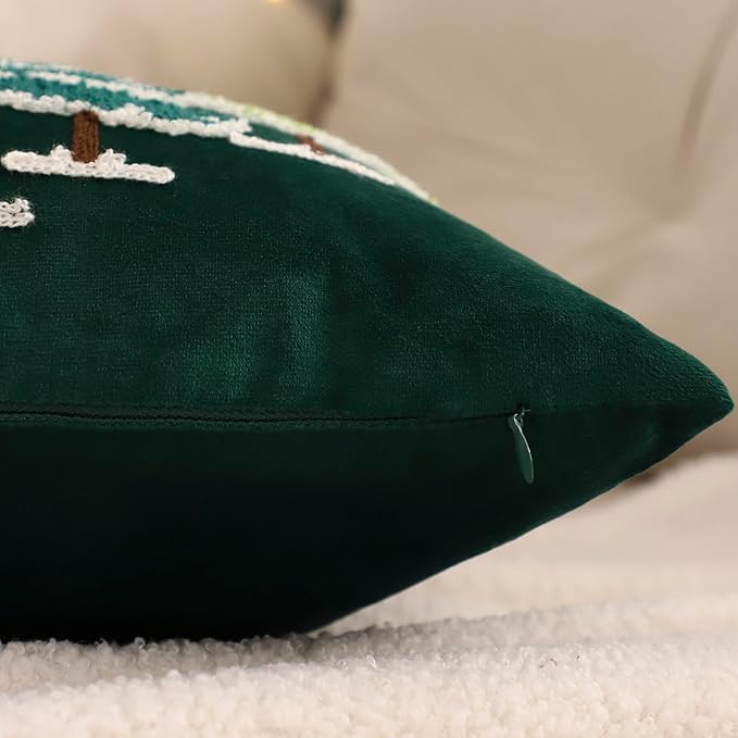 LUOYEHK Christmas Green Pillow Covers 18x18 Set of 2 House and Deer Decorative Pillow Cases Winter Holiday Velvet Embroidered Cushion Covers for Couch Sofa Bed