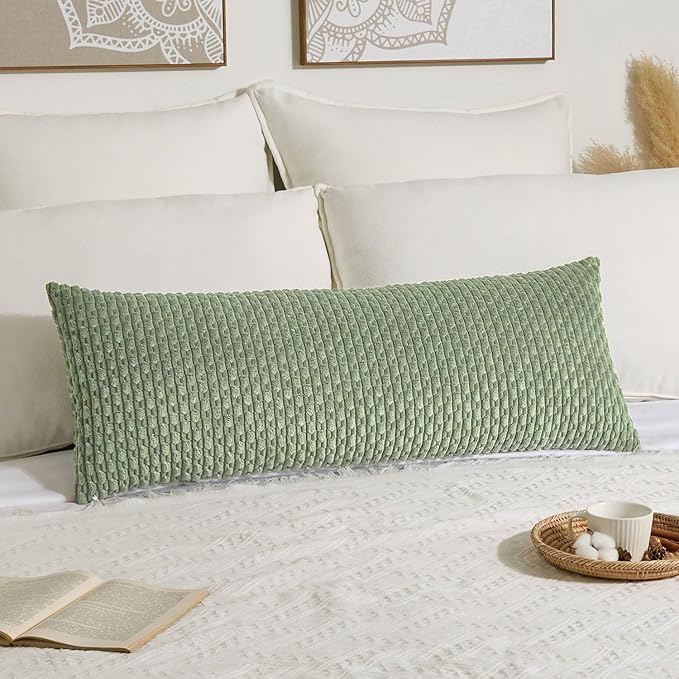 Kevin Textile 14x36 Inch Long Lumbar 1 Pack Boho Decorative Throw Pillow Cover Soft Striped Corduroy Rectangle Cushion Case Farmhouse Solid Color Accent for Living Room Couch Sofa Bed, Sage Green