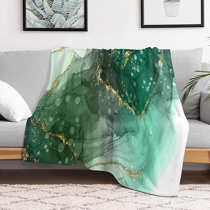 Modern Marble Blanket, Abstract Luxury Baroque Golden Lake Green Stone Veins Pattern Soft Warm Cozy Plush Flannel Covers for Livingroom Bedroom Couch Chair Camping Travel Home Decor Tapestry 40x50in