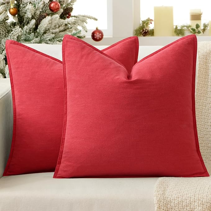 EMEMA Christmas Throw Pillow Covers Decorative Linen Pillow Covers 20x20 Inch Red Boho Farmhouse Neutral Couch Throw Pillows for Bed Pack of 2 Accent Pillowcase Modern Sofa Cushion Livingroom Home