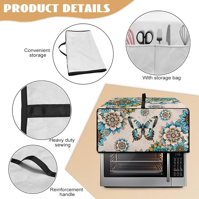 Toaster Oven Dust Cover for Countertop Convection Ovens, Dustproof Smart Kitchen Appliance Cover Modern Design Kitchen Decor, S, 14.5 x 18.5 x 9 Inches, Boho Butterfly Floral