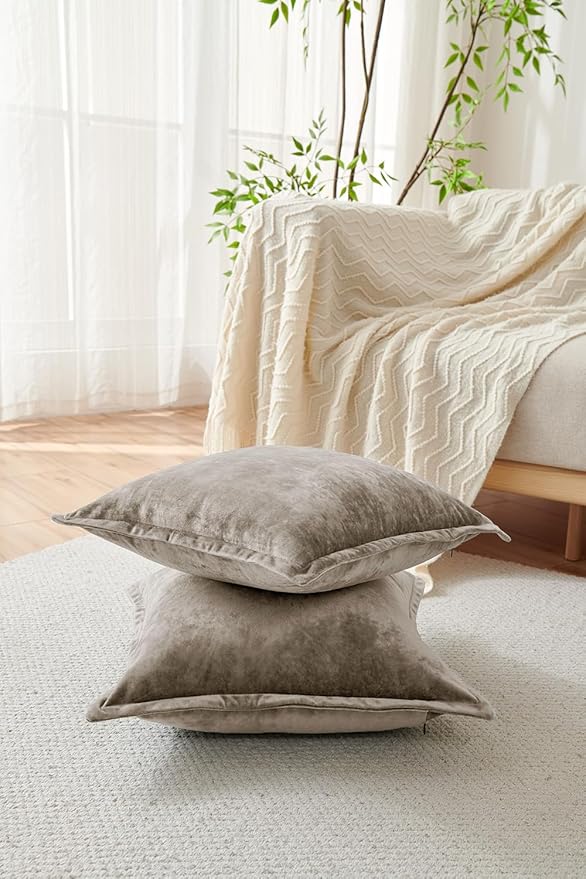 Luxurious Velvet Throw Pillow Covers 20x20 Set of 2 Decorative Pillow Covers Solid Square Cushion Case for Sofa Couch Bedroom Farmhouse, Brown