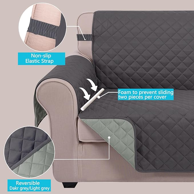 U-NICE HOME Recliner Chair Covers Reversible Chair Cover Pet Covers for Dogs with Elastic Straps Water Resistant Diamond Quilted (23''Recliner Small, Dark Grey/Light Grey)