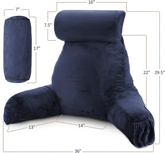 Nestl Reading Pillow with Shredded Memory Foam Includes 2 Neck and Lumber Support Pillows, Designed for Sitting Up in Bed and Couch, Back and Arms Adjustable Support for Adult & Teens, Navy Blue