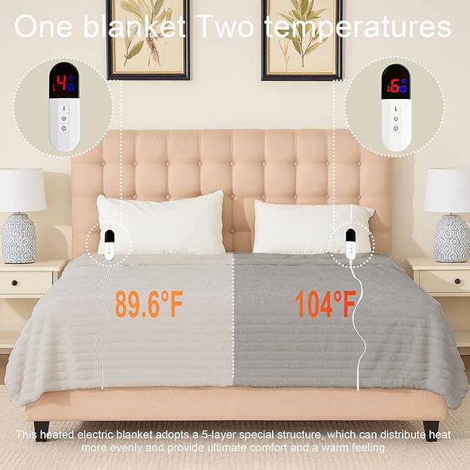 Heated Blanket - Electric Blanket with Dual Controller 6 Heating Levels & 10 Hour Auto Off Fast Heating Blanket, ETL Certified (84X90 Inch,Light Gray)