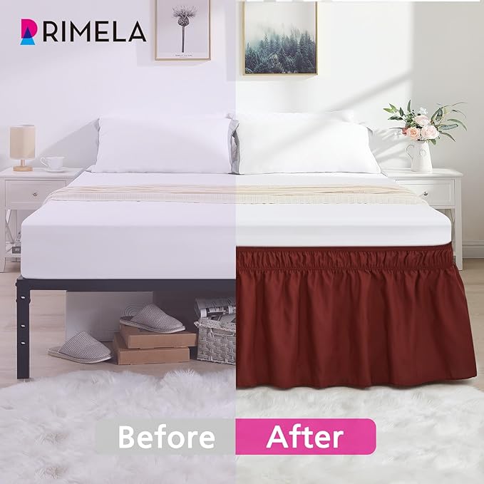RIMELA Wine Red Bed Skirt Queen Size 15 Inch Drop, Elastic Bed Skirting for Bed Base and Frame, Bedding Dust Ruffle Easy to Install,Wrap Around Adjustable Bedskirt,Christmas Bedroom Decor